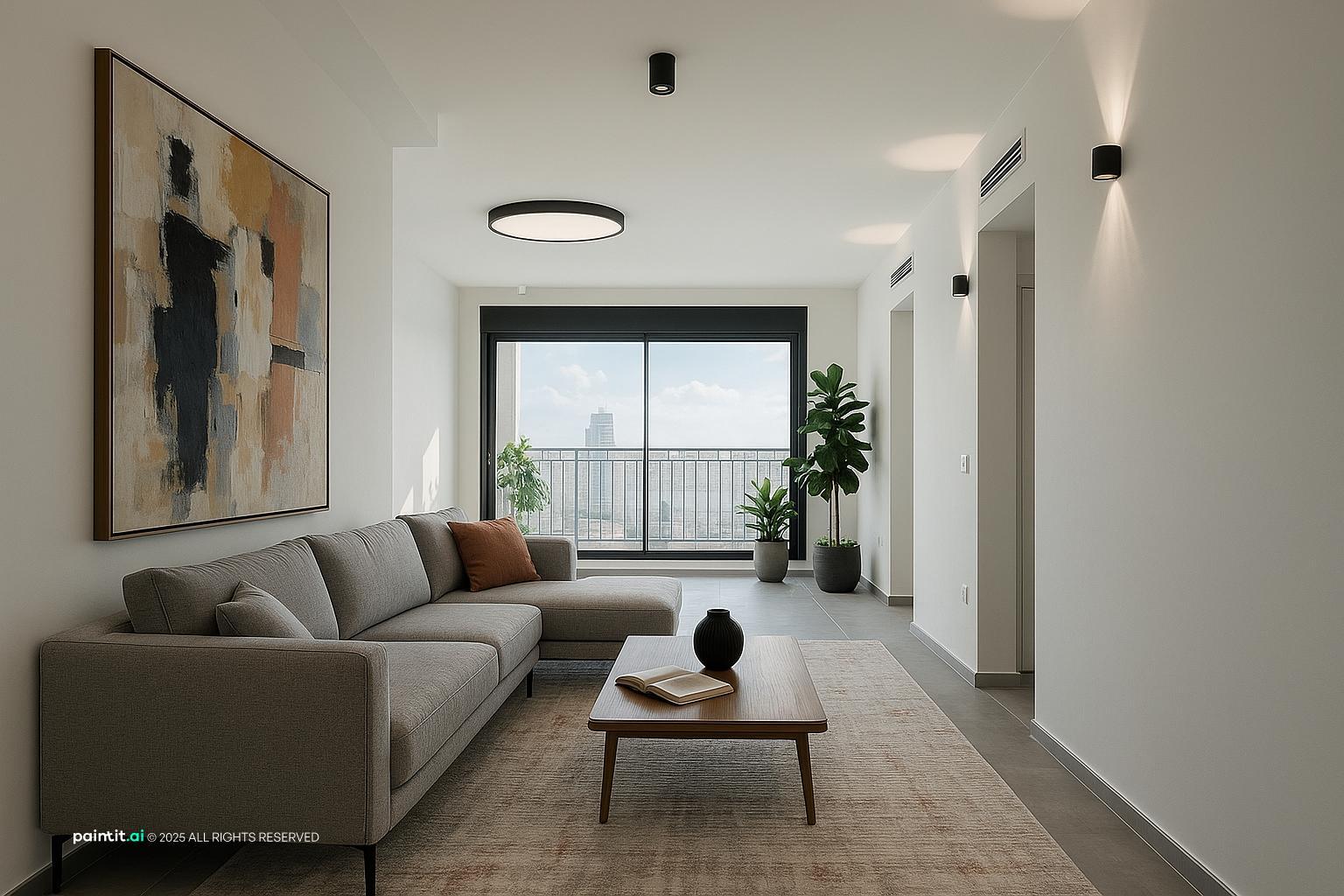 Long grey sofa on a dark rug in a narrow living room with abstract art