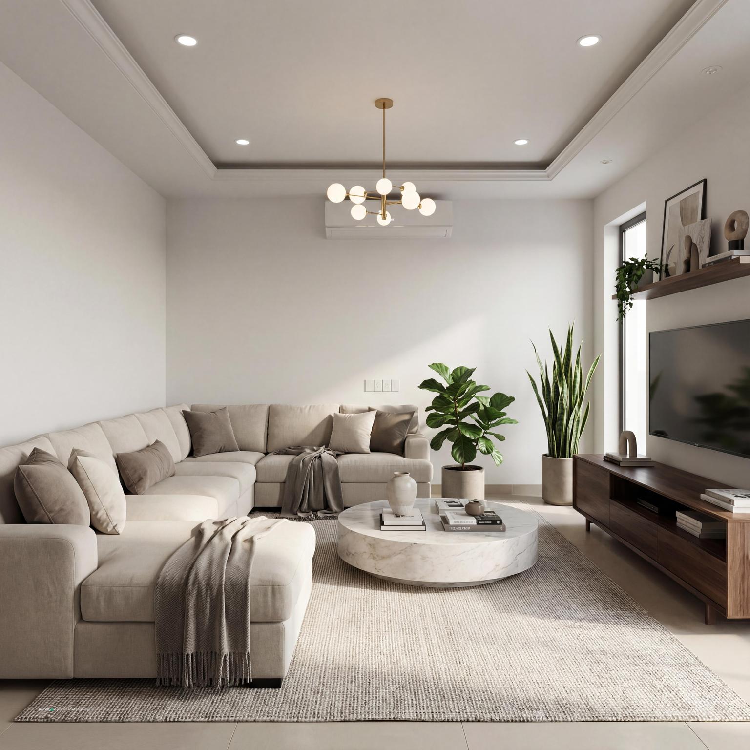 Living room with a grey L-shaped sofa, a knitted throw, a round coffee table and plants