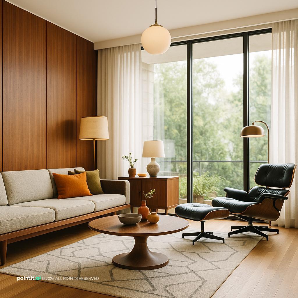 Stunning Midcentury Modern Living Room Design showing orange warmth, warm wood, soft textiles for Orange Living Room Ideas.