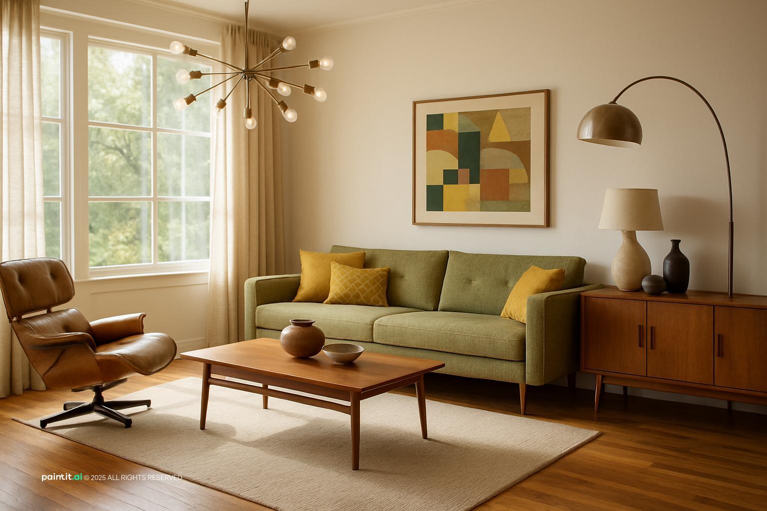 Mid-century living room with a sage sofa, yellow cushions, a leather lounge chair and abstract art