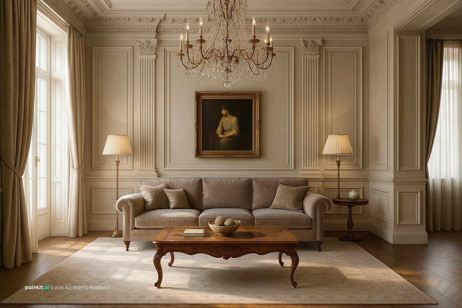 Neoclassic traditional classic living room with symmetrical layout, intricate mouldings, and elegant furnishings.