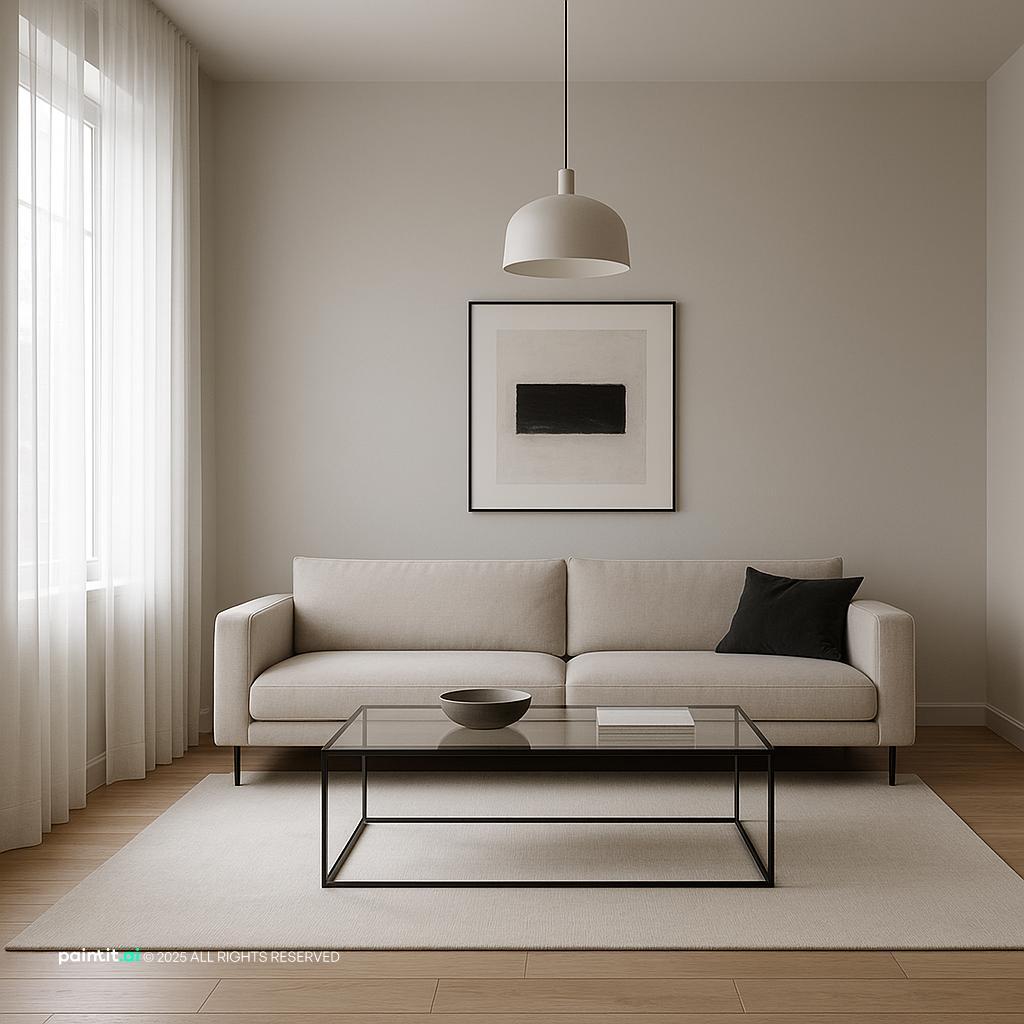 Elegant minimalist light yellow living room design, featuring clean lines and a sophisticated, airy ambiance.