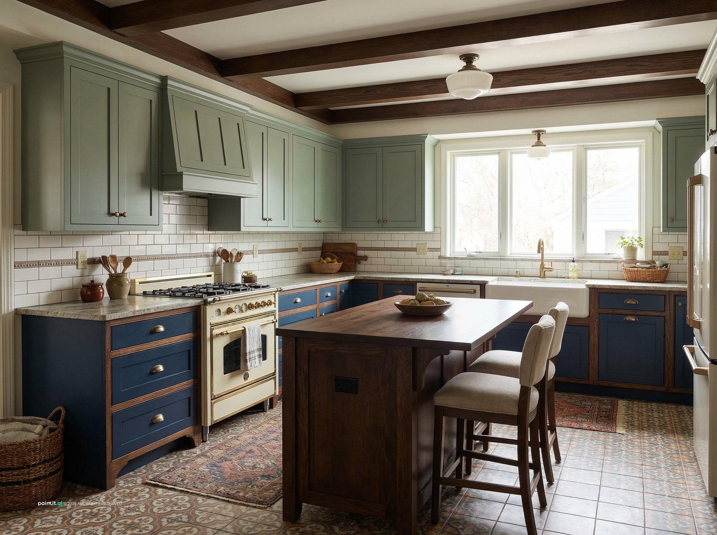 Craftsman kitchen with sage upper cabinets, navy lower cabinets, a white tile backsplash and a wooden island