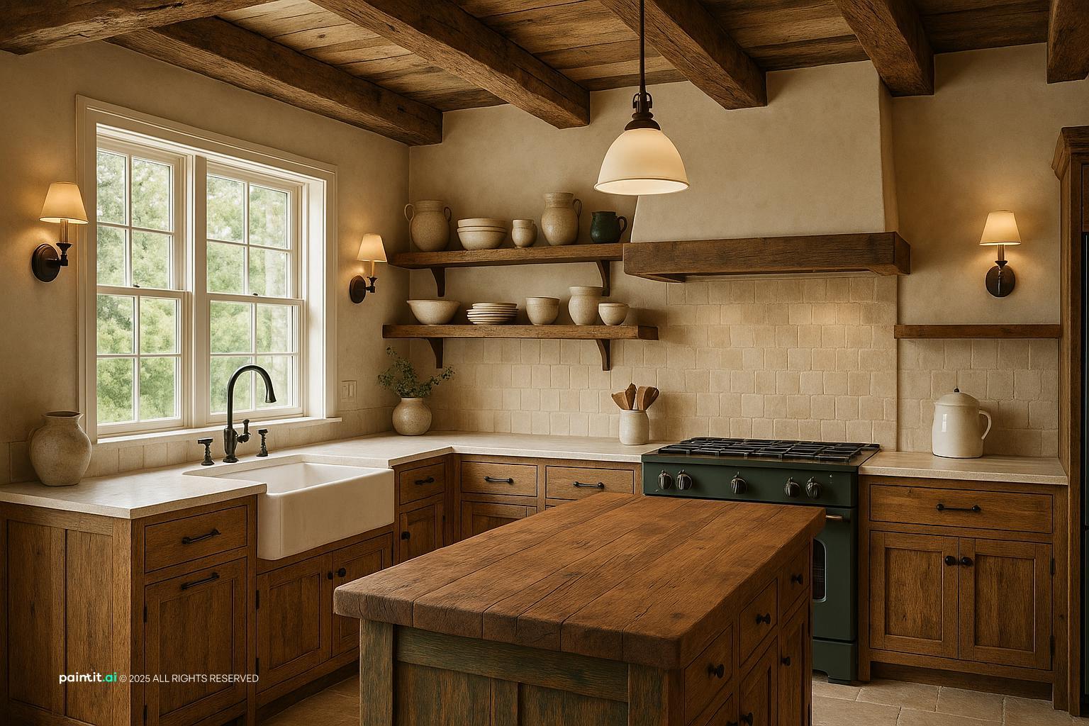 Napa Valley style interior with oak stone linen and warm wine country materials 8