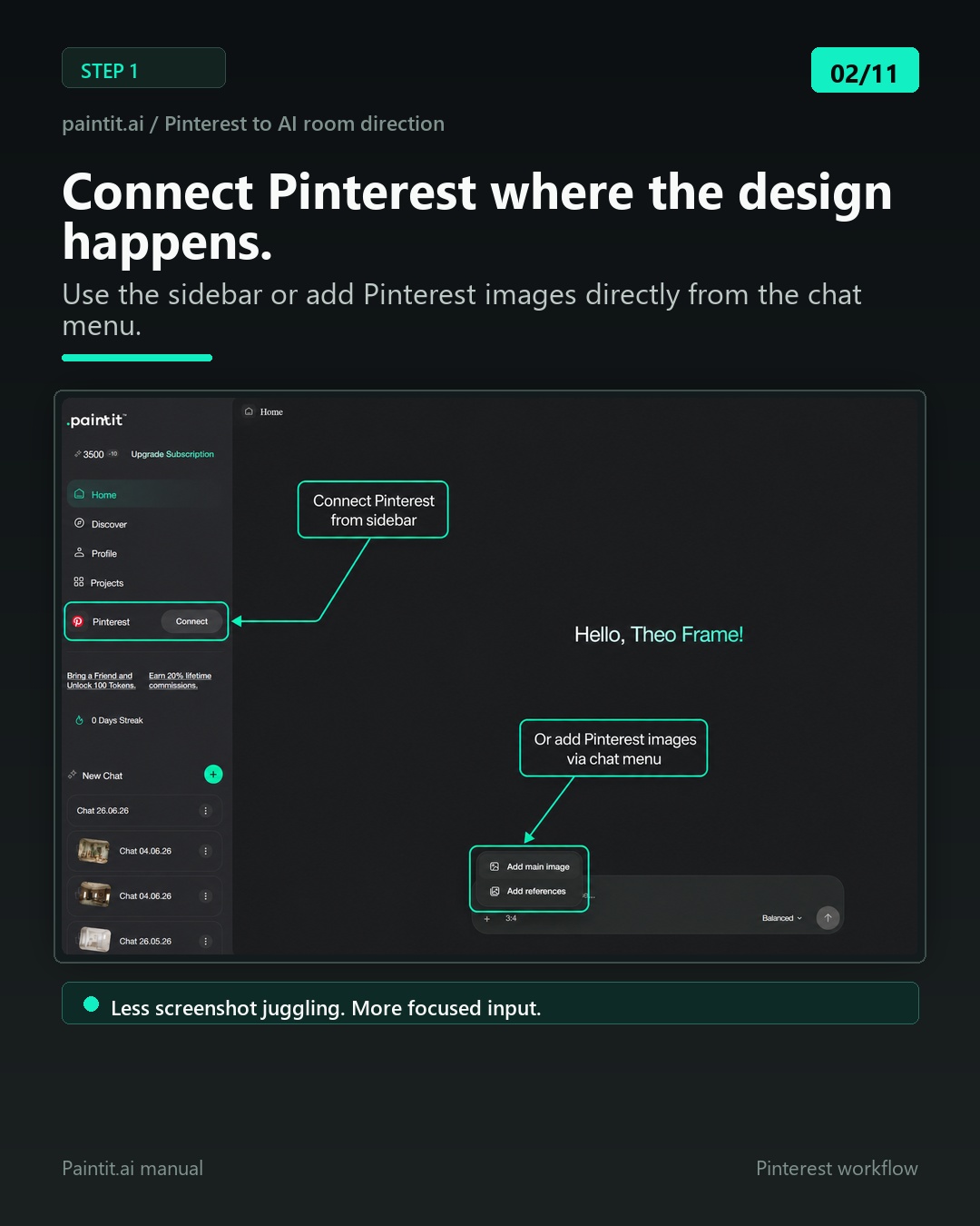 Paintit.ai interface showing Pinterest connection options from the sidebar and chat menu.