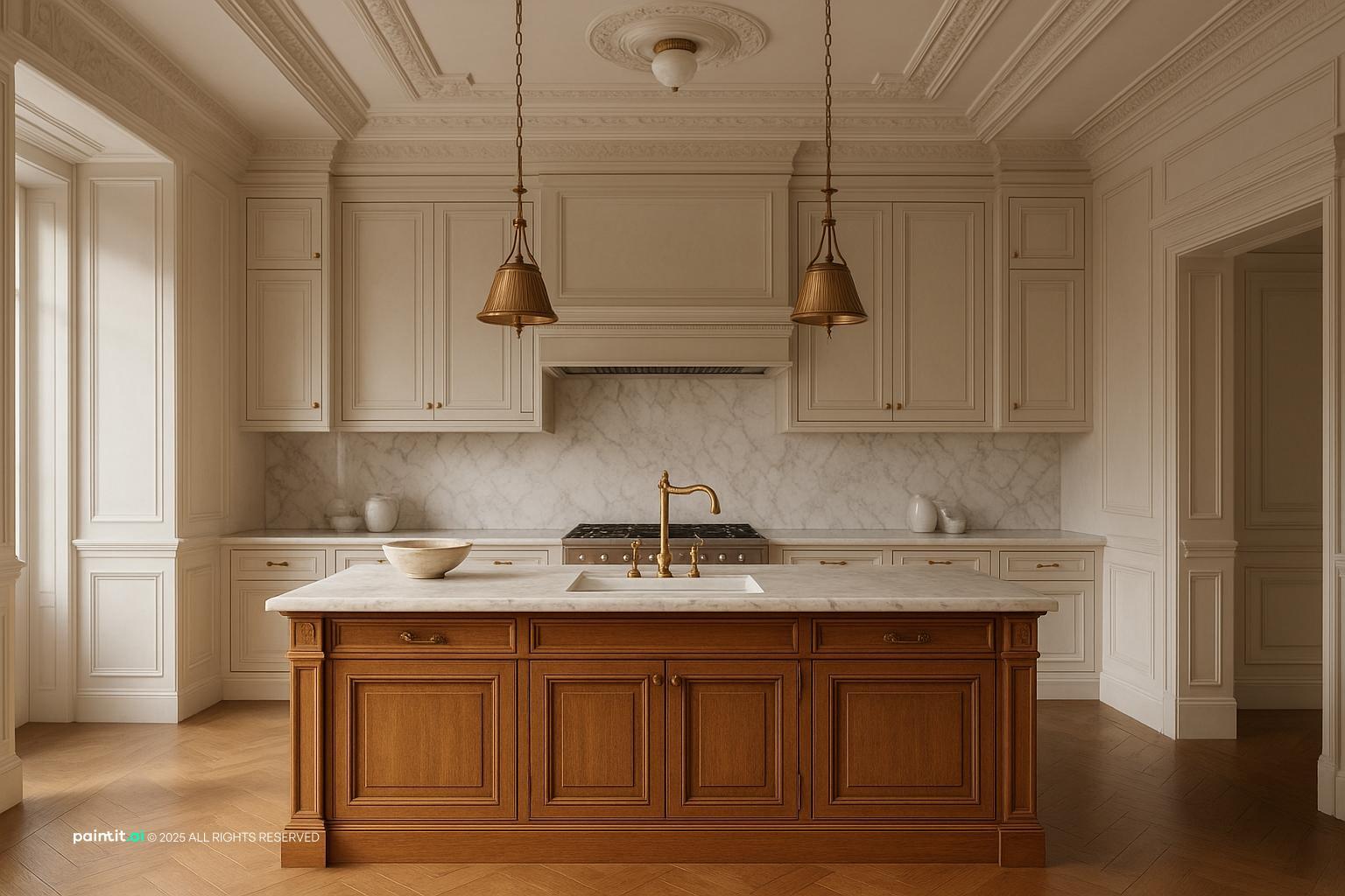 Neoclassic-style kitchen featuring sleek cabinetry accented by ornate moldings a for Neoclassical Style Interior Design