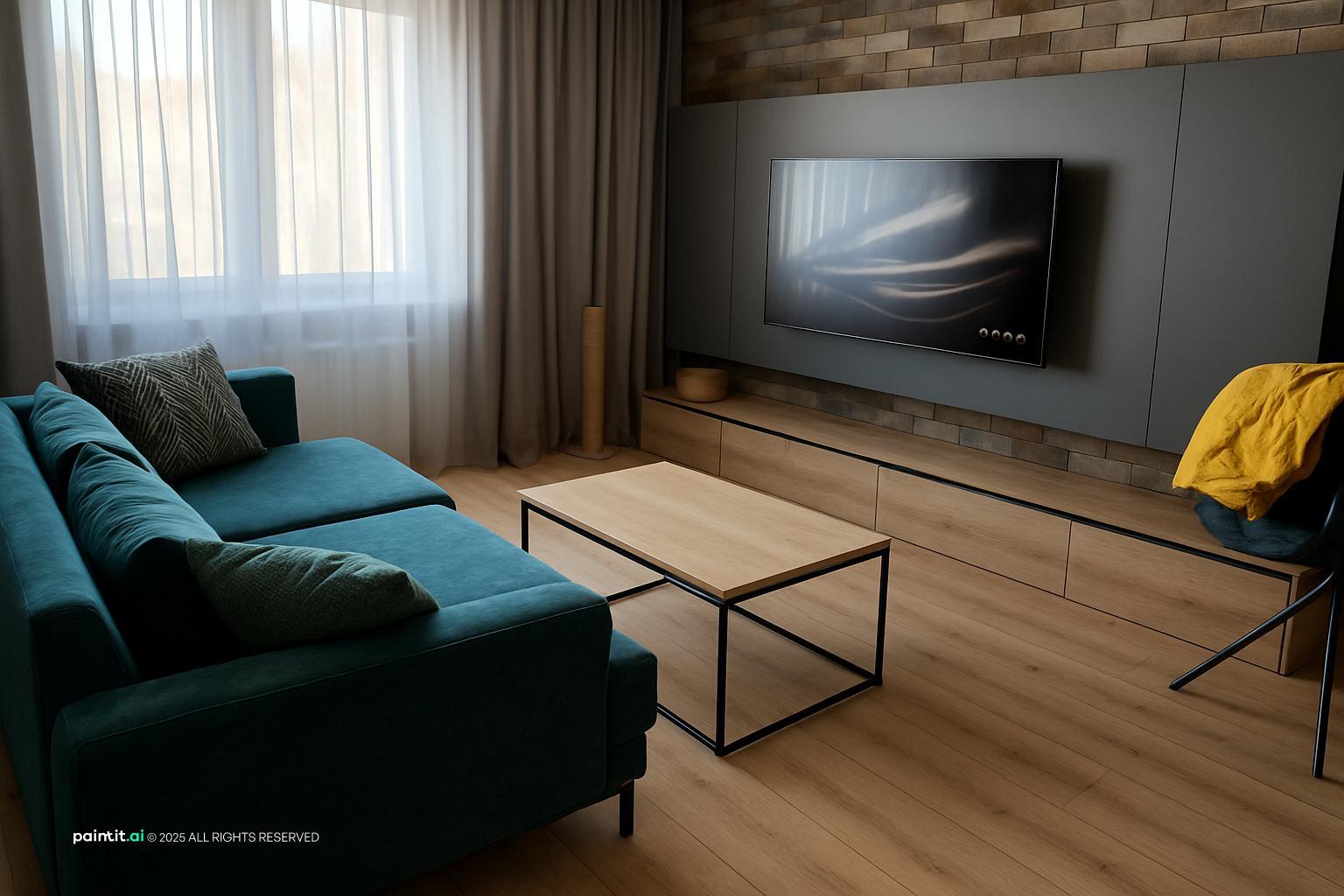 Living room with a teal sofa, a slate grey wall and a yellow chair