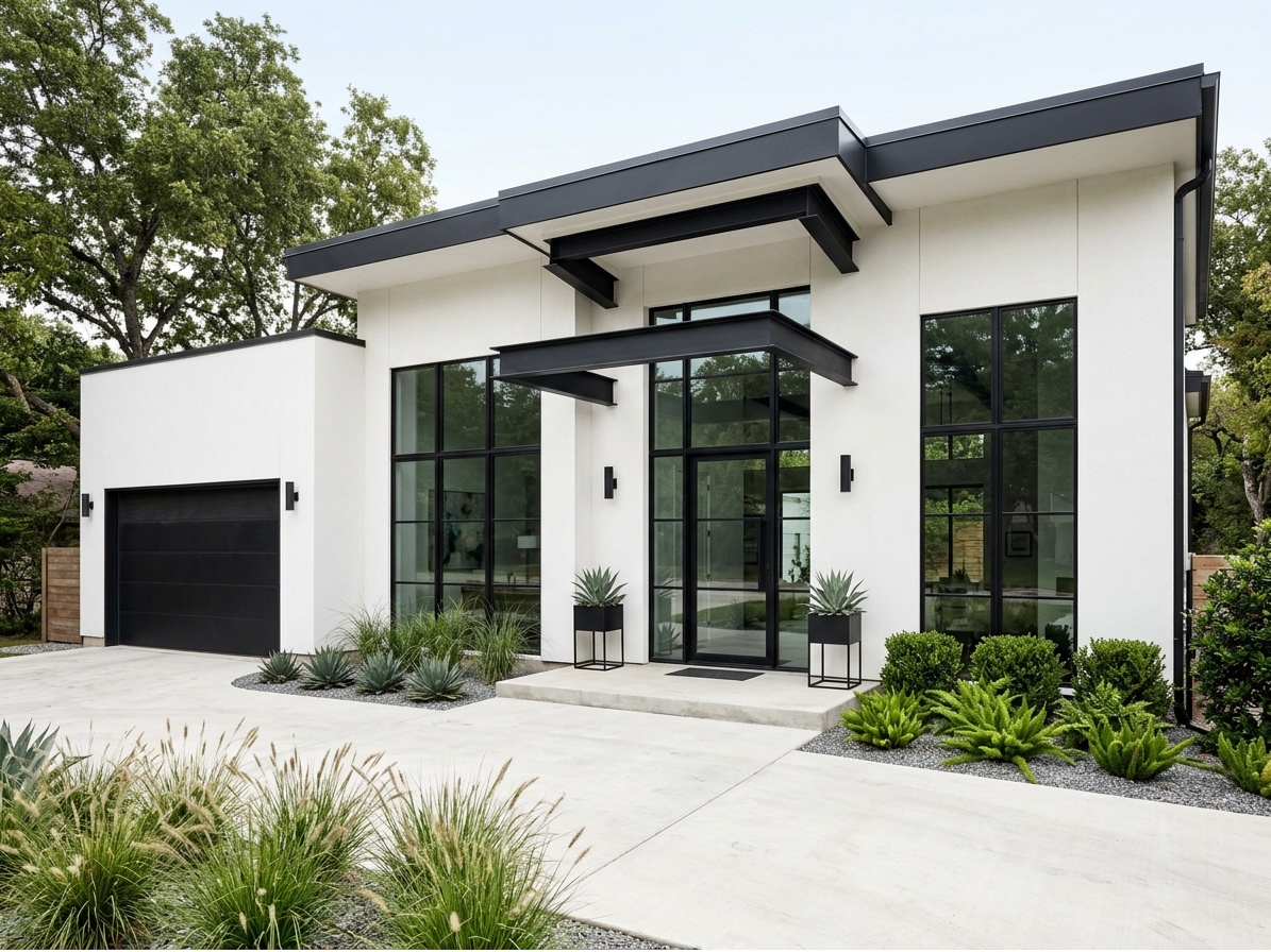 Industrial white stucco house with black steel window frames,  exposed metal accents, and flat black roof edge