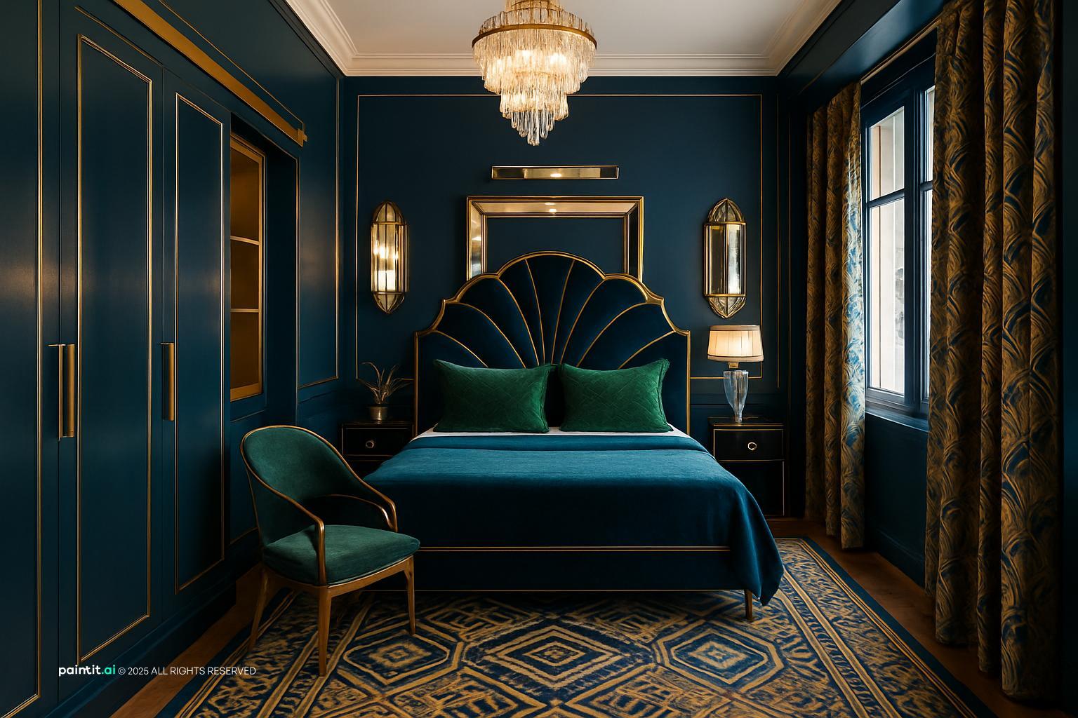 Art Deco bedroom with teal walls, a shell-shaped headboard, teal bedding and a patterned rug