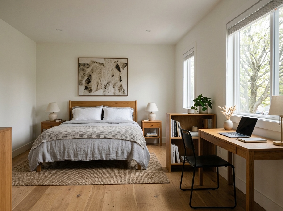 Master bedroom combining sleeping zone with queen bed  and a slim desk workspace by the window in a cohesive warm oak scheme