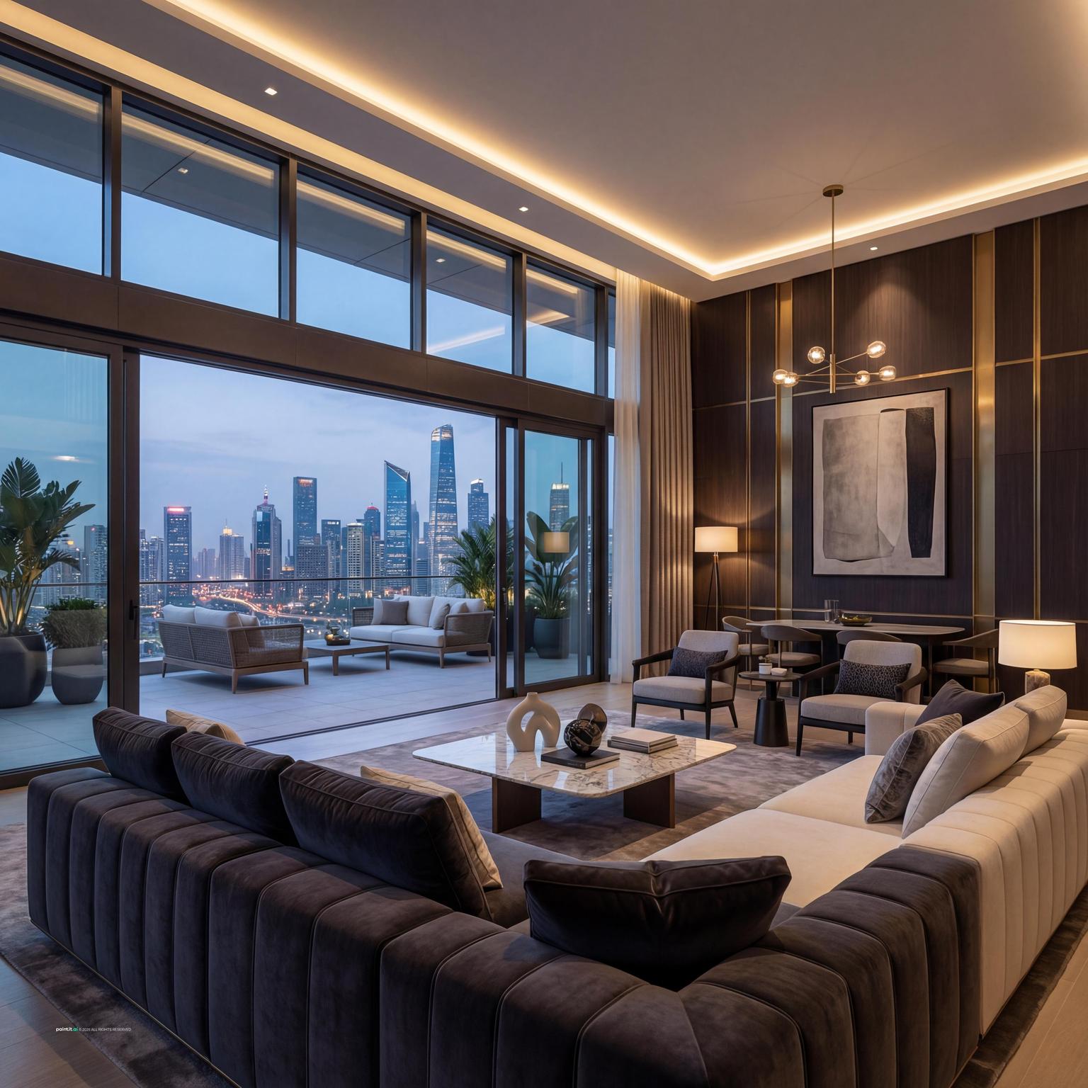 Luxury 80s inspired penthouse living room design, showcasing opulent materials, dramatic lighting, and glamorous, bold retro style.