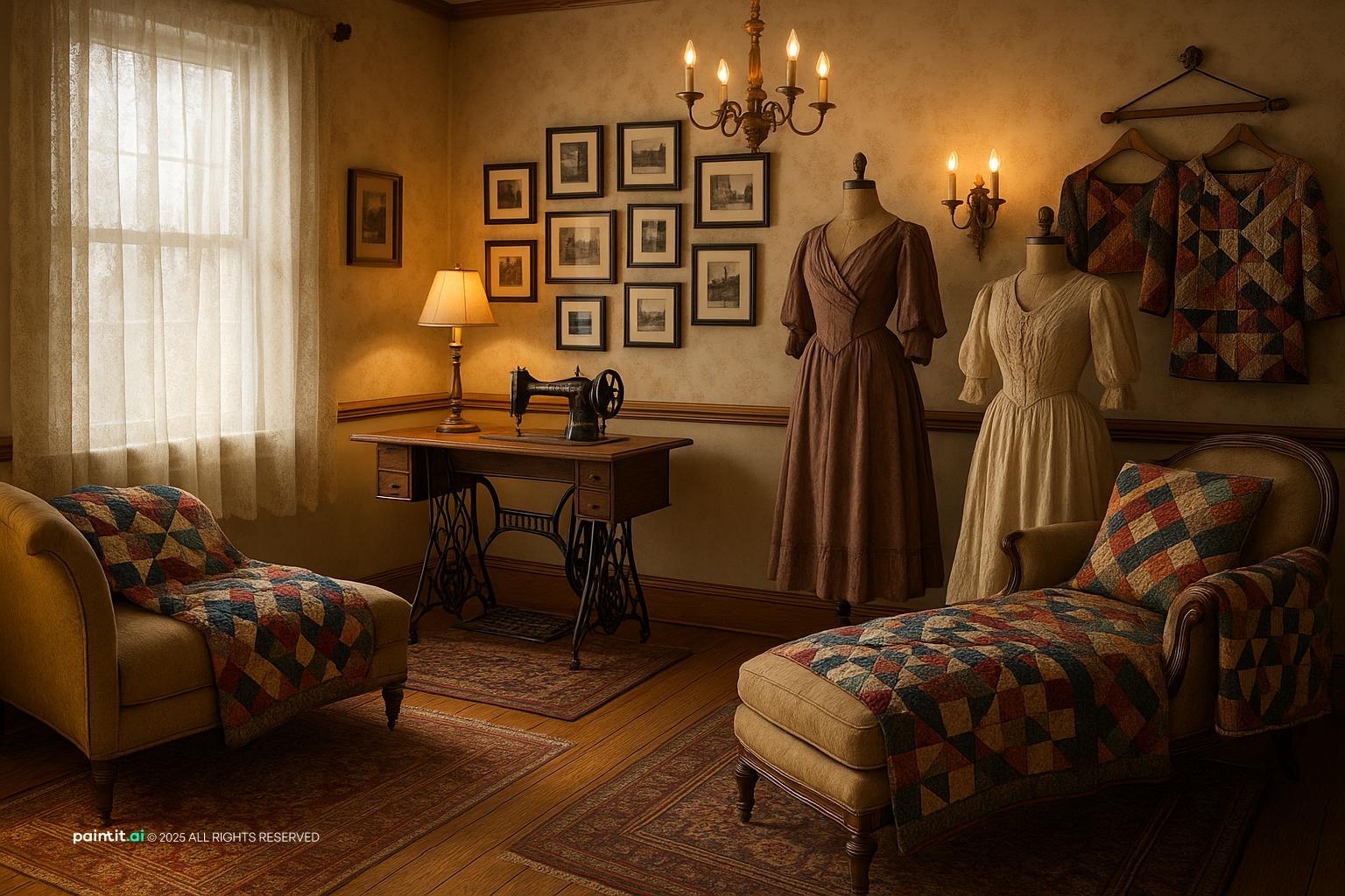 Small vintage room with dress forms, a patterned armchair, a chaise and framed art