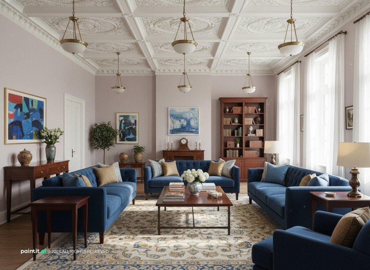 Large living room with navy sofas, a patterned rug and a coffered ceiling