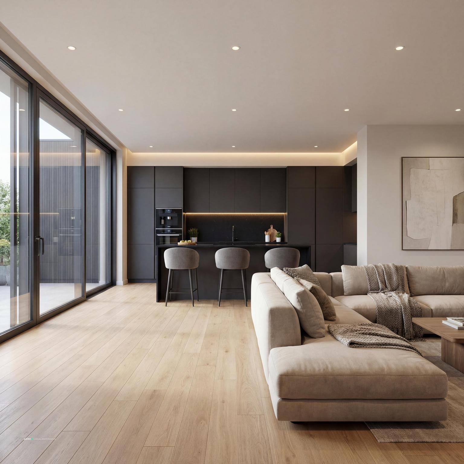 Elegant modern open-plan living room and kitchen, combining sleek design with spacious functionality, ideal for large living room ideas.