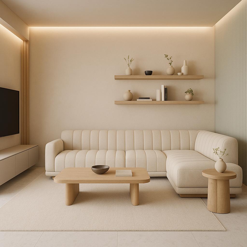 Modern minimalist light yellow living room with Japandi flair, blending Scandinavian warmth and Japanese serenity.
