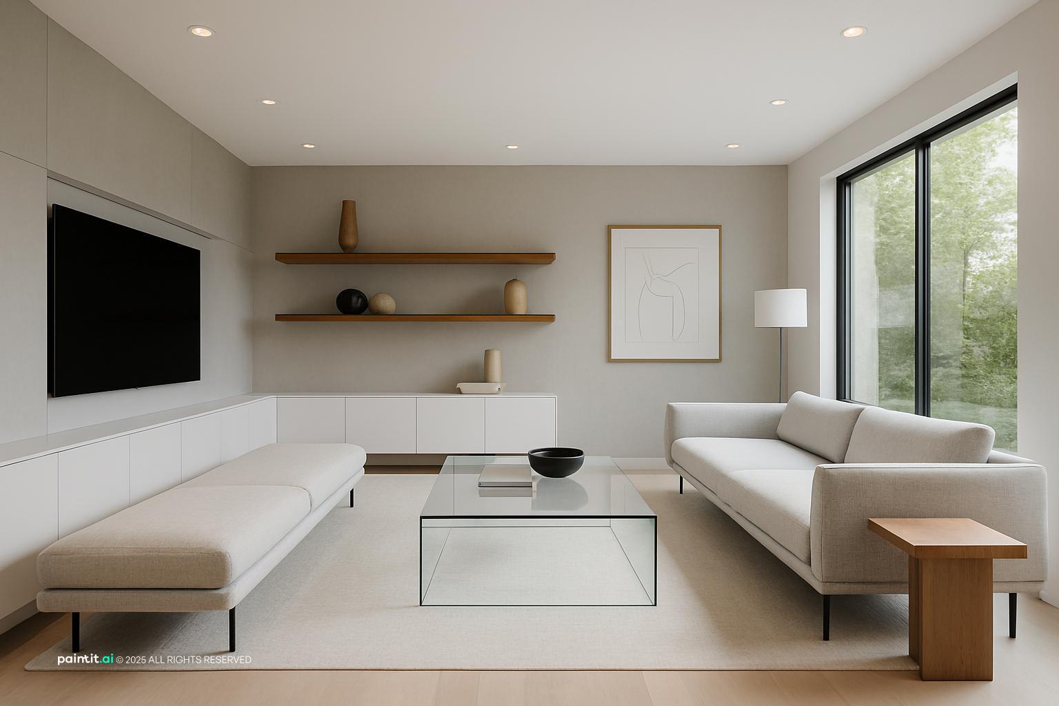 Grey And White Living Room Design with natural wood and open layout and a calm living room atmosphere.