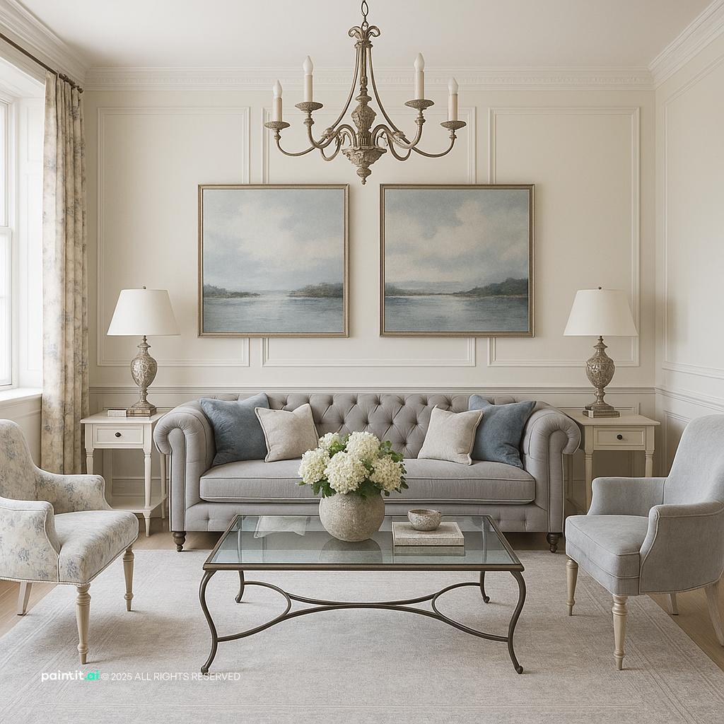 Elegant Neoclassical Living Room Design with daylight and stone and a calm living room atmosphere.