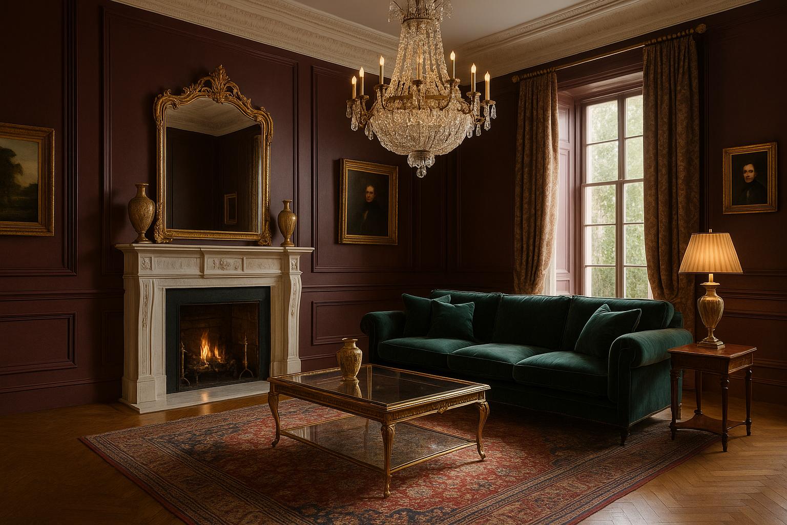 Elegant Neoclassic Living Room Design with Blue Accents showing blue accents, natural light for Blue Living Room Ideas.