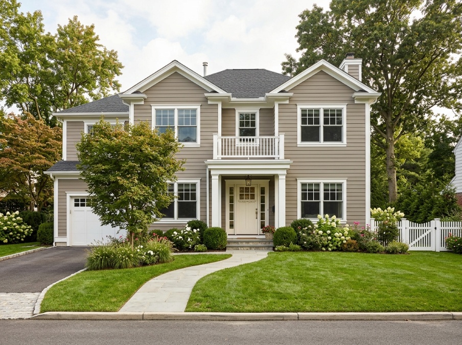Suburban home exterior in warm greige Repose Gray siding with white trim