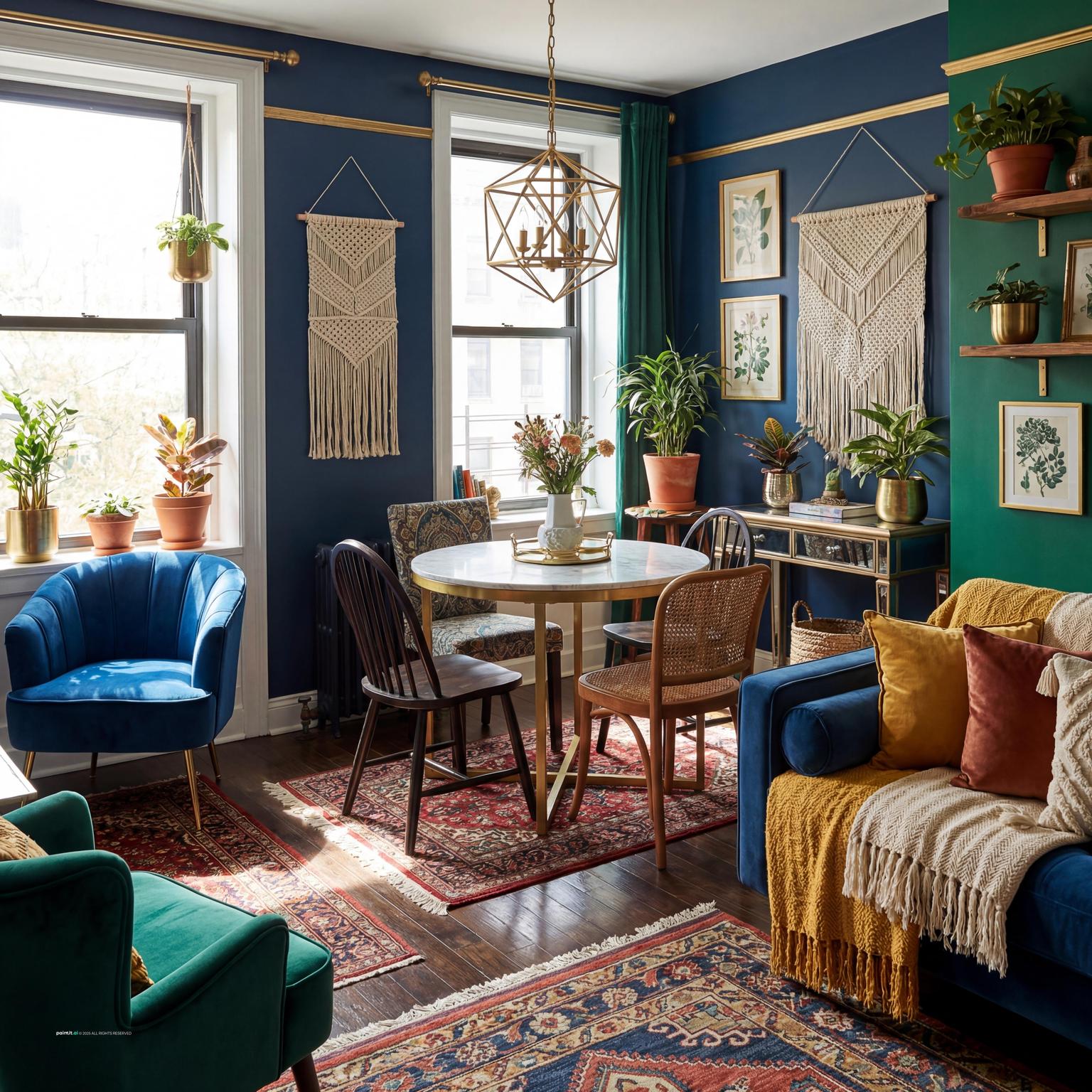 Bold 1980s Art Deco inspired living space, blending geometric patterns, brass details, and a touch of bohemian flair for a unique look.