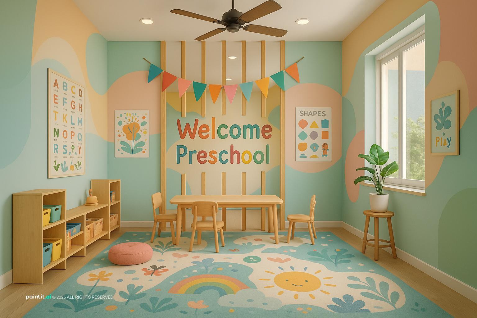 Preschool entrance with a welcome sign, bunting, low shelves and a small table
