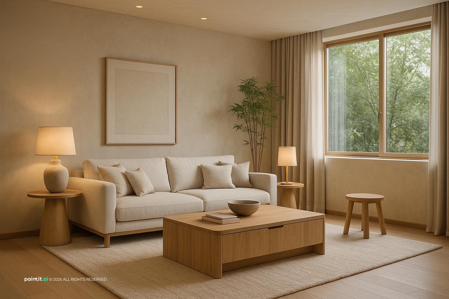 Living room lit by warm table and floor lamps, with a beige sofa and a wooden coffee table