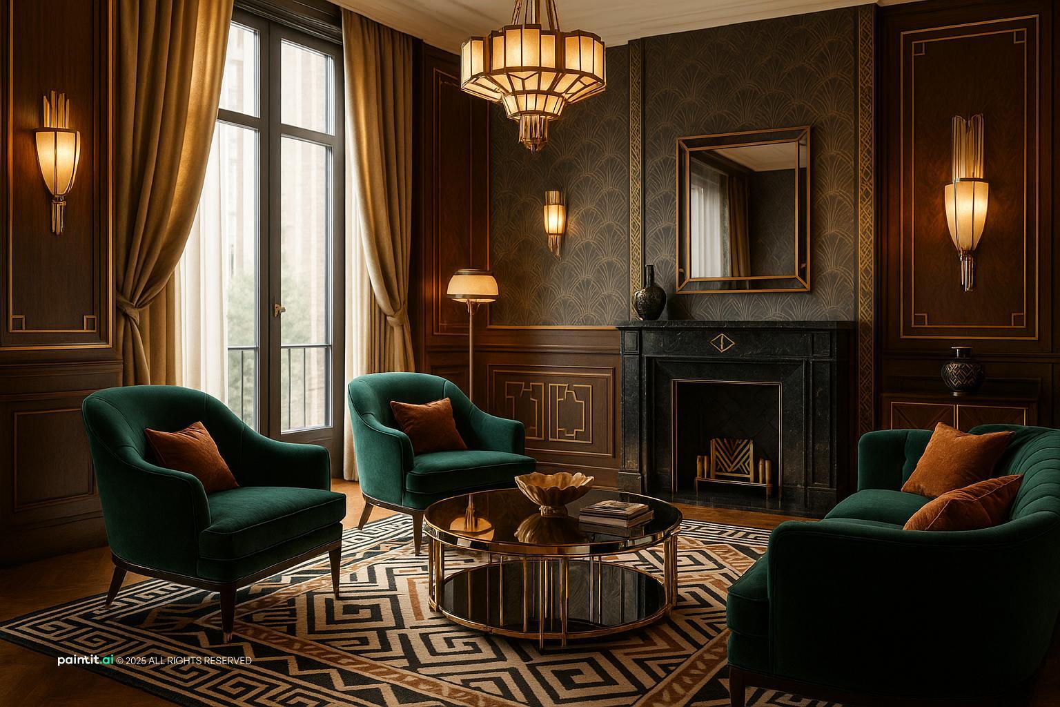 Living room with emerald velvet armchairs, a gold-framed mirror, a dark fireplace and a patterned rug
