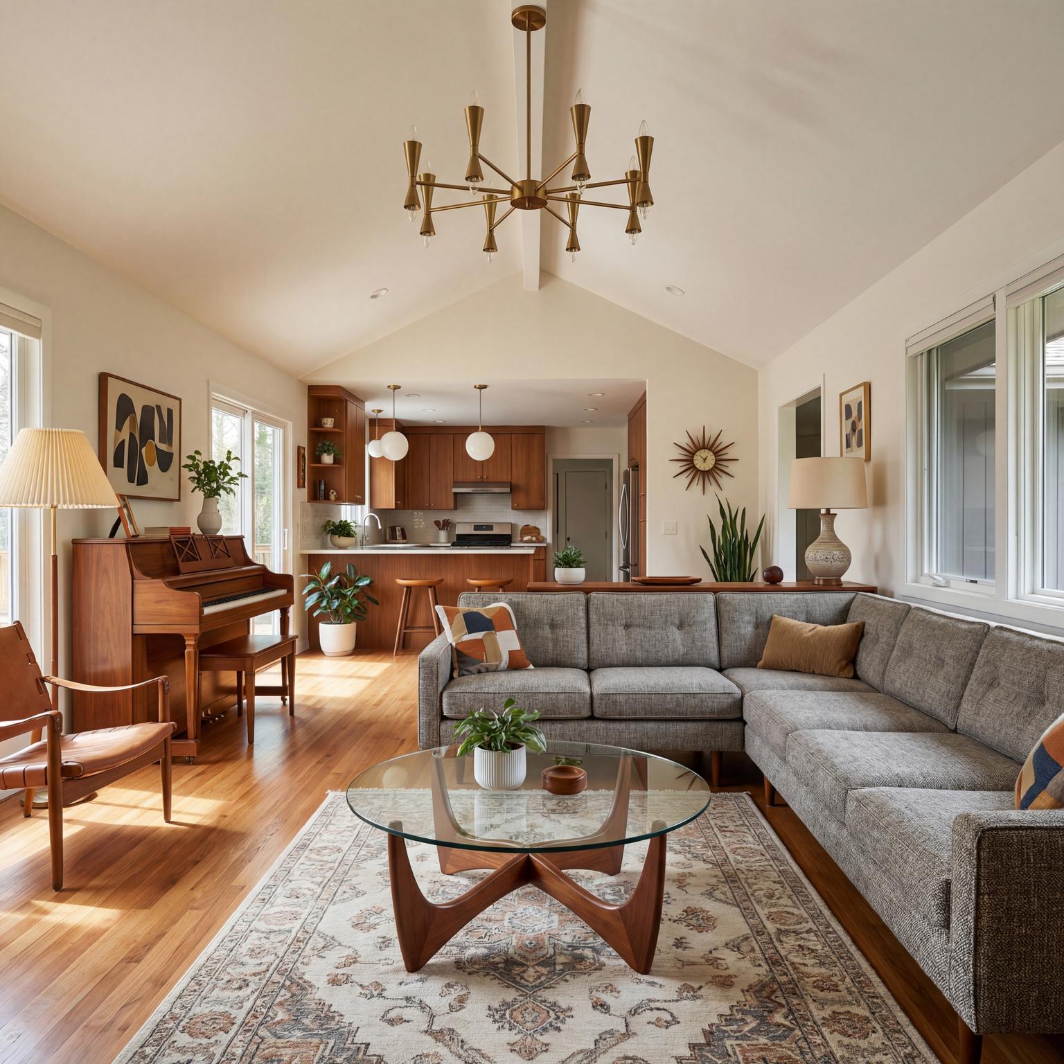 A stunning navy blue and burnt orange living room design in a Mid-Century Modern style, featuring bold color contrasts and luxurious textures.