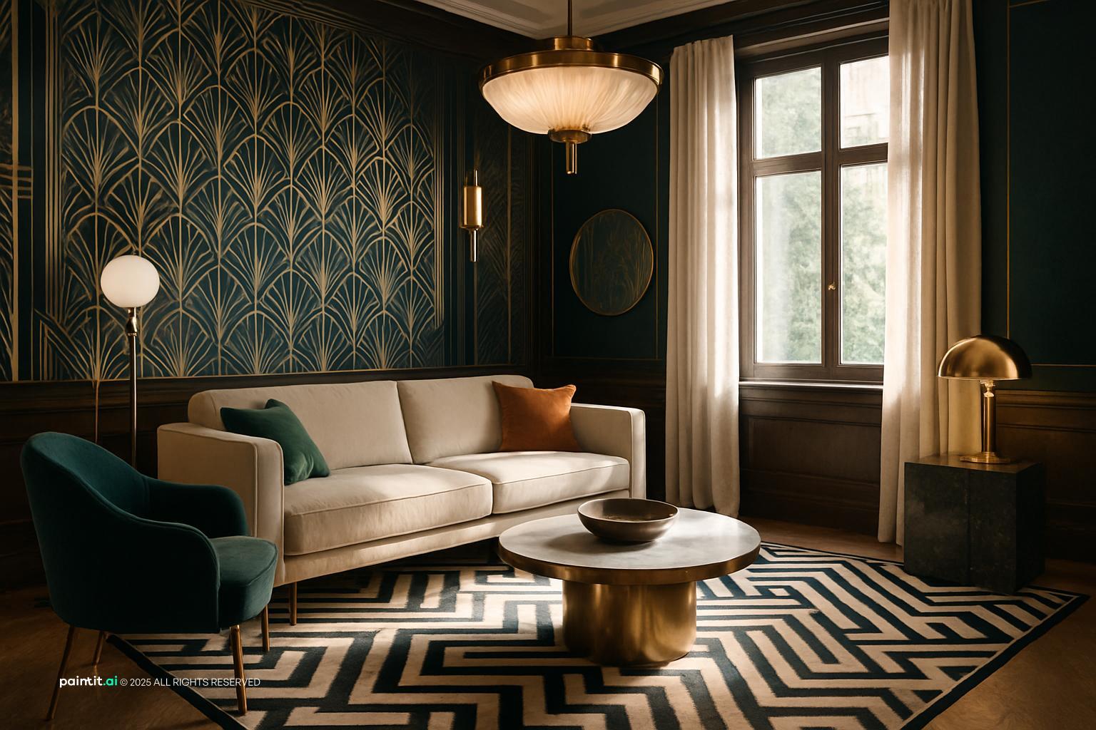 Art Deco living room with a cream sofa, a round brass table, green velvet chairs and a black and white geometric rug