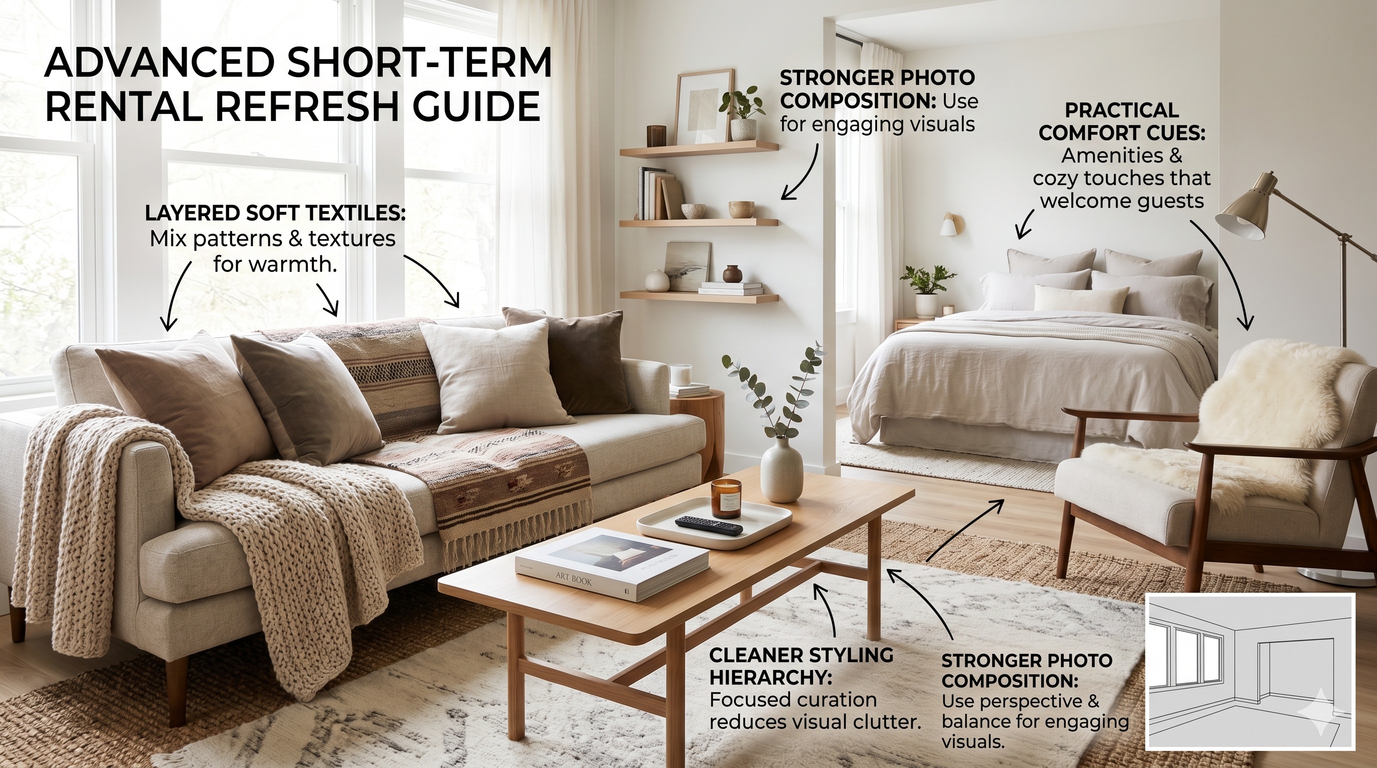 Advanced short-term rental refresh techniques shown in a clean tutorial visual