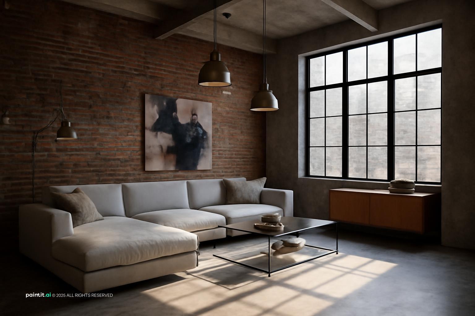 Industrial living room with a light grey sectional, brick walls and tall black-framed windows