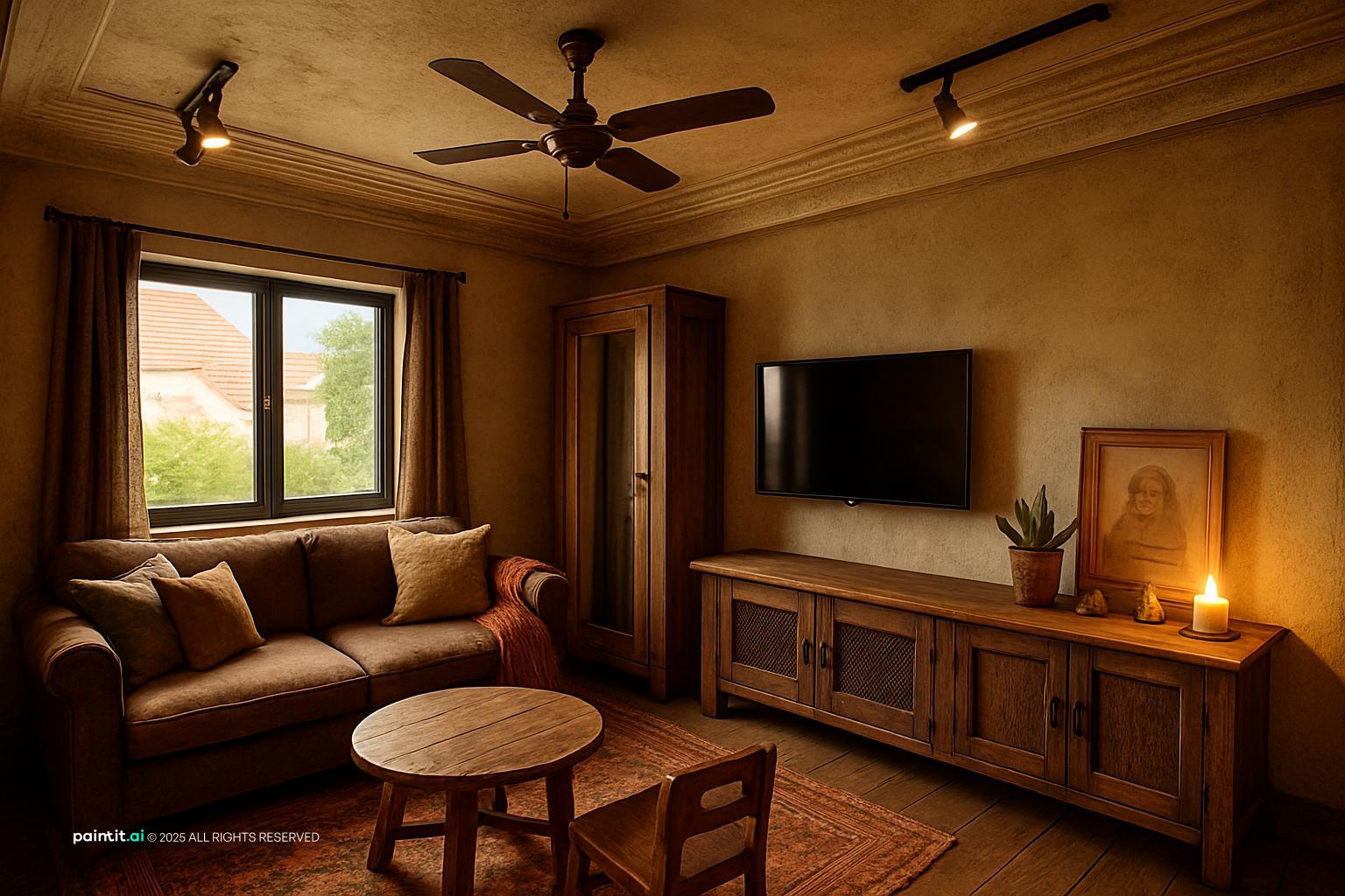 Small vintage living room with a brown sofa, a wooden TV cabinet, a round table and warm lighting