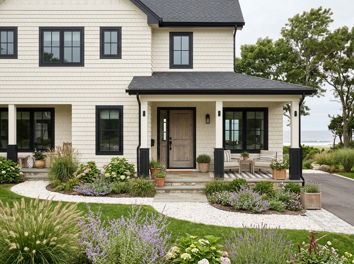 Coastal chic white house with matte charcoal black trim,  shiplap siding, and driftwood-toned front door