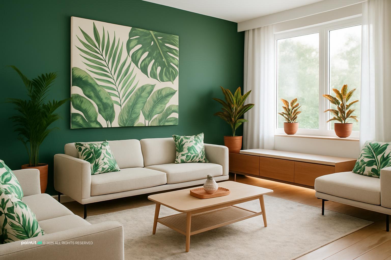 Living room with a dark green botanical mural accent wall, a white sofa, a wooden coffee table and plants
