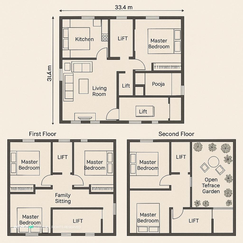 Modern Minimalist Residential Design Plan showing clear furniture layout, plants and greenery for Living Room Layout Ideas.