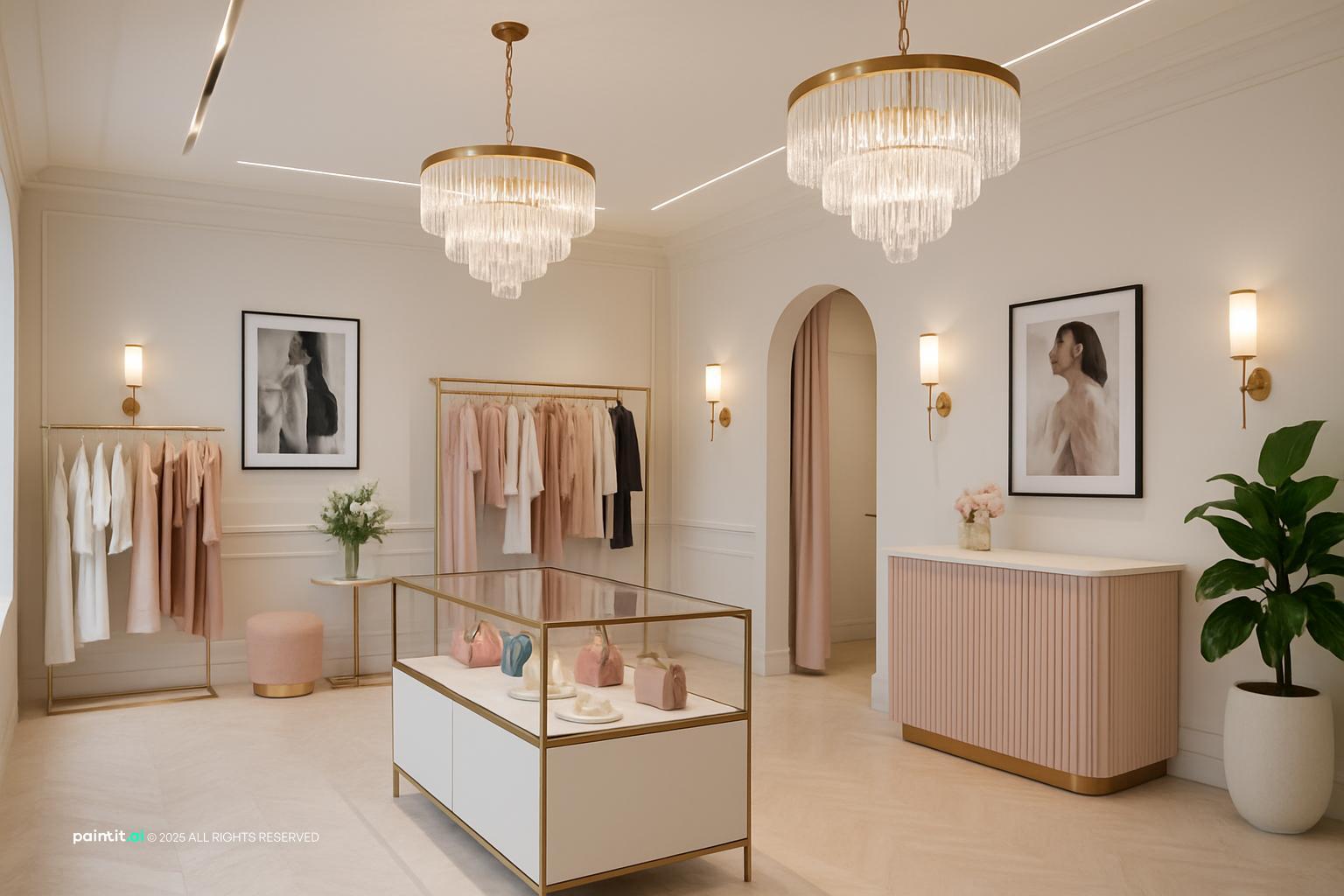 Women's boutique with crystal chandeliers, glass display cases, arched mirrors and framed photos