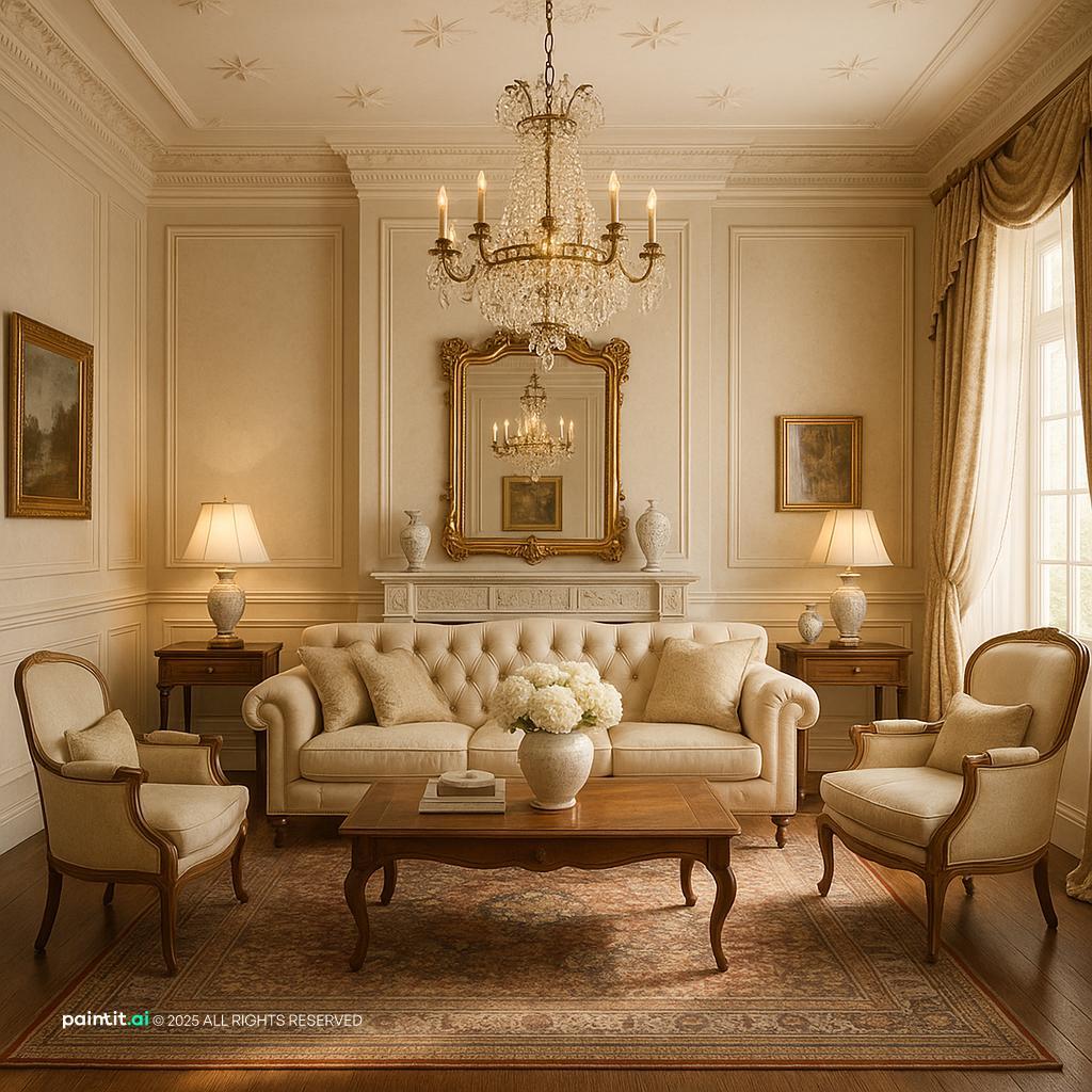 Elegant Neoclassic Living Room Design showing beige foundation, cream tones, layered neutrals for Cream and Beige Living Room Ideas.