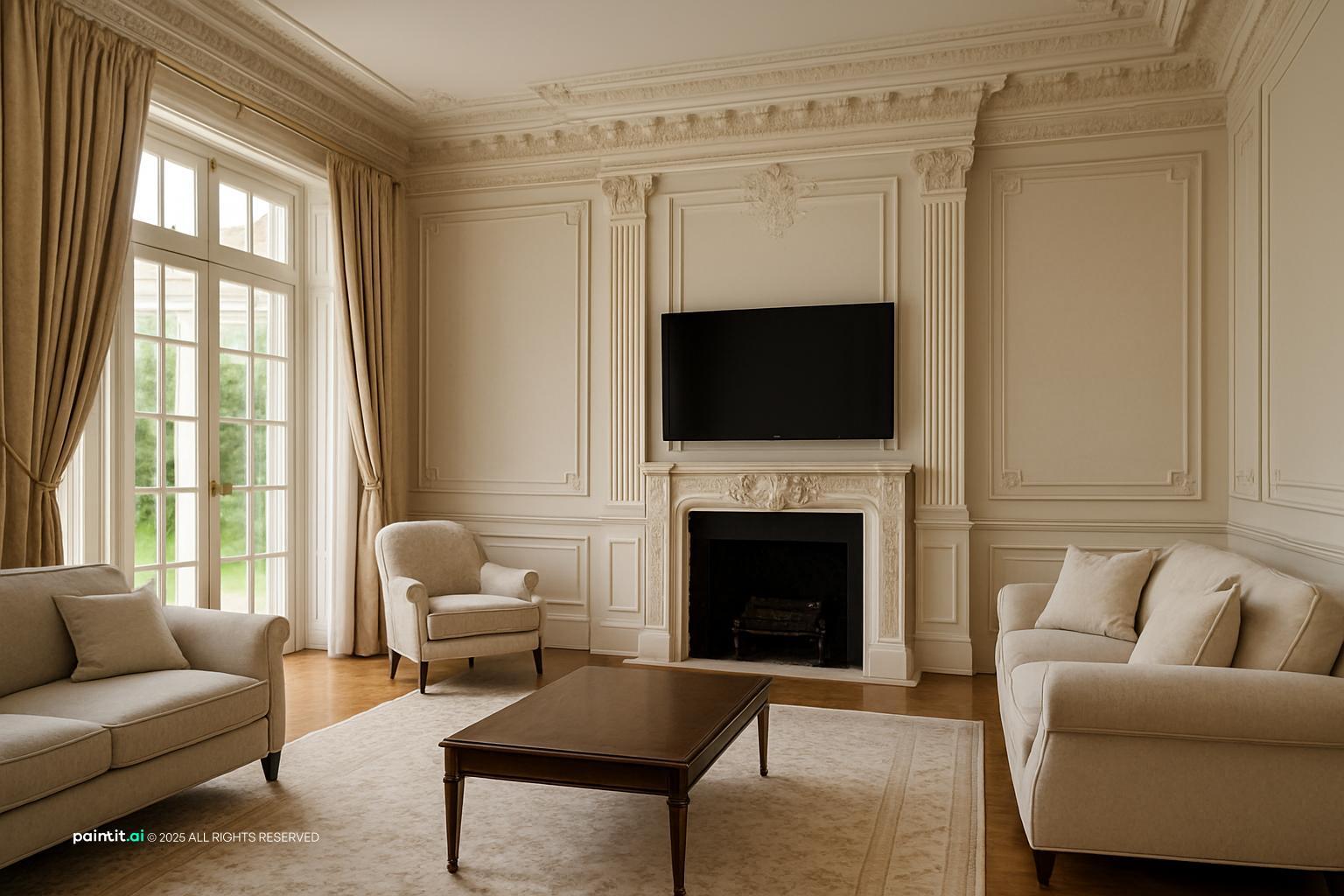 Airy Neoclassical Gray Living Room with classic gray palette and layered living room decor.