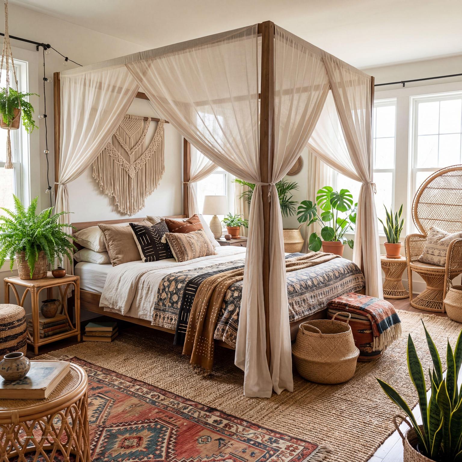Boho-Chic Bedroom with Layered Textiles for Bohemian Style Interior Design Characteristics