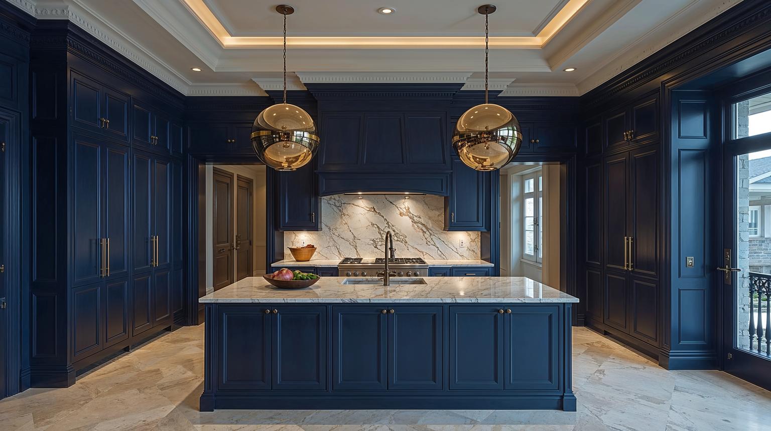 Statement Lighting in a Royal Blue Kitchen