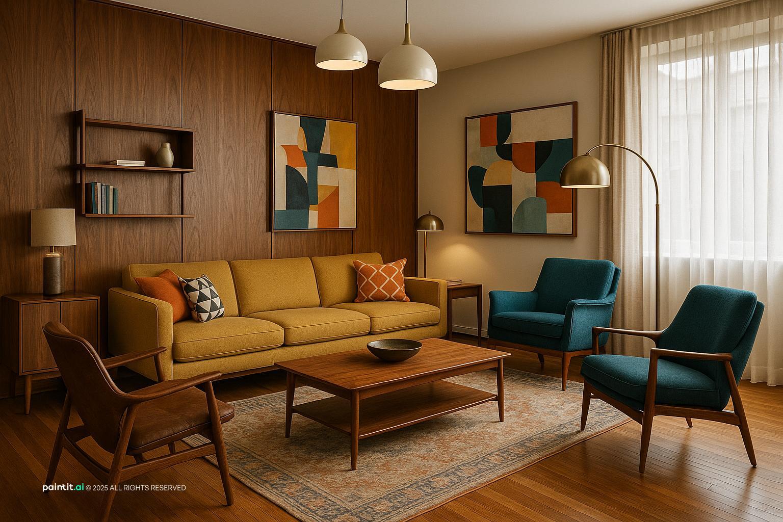Mid-Century Modern Living Room Design with earthy tones and a calm living room atmosphere.