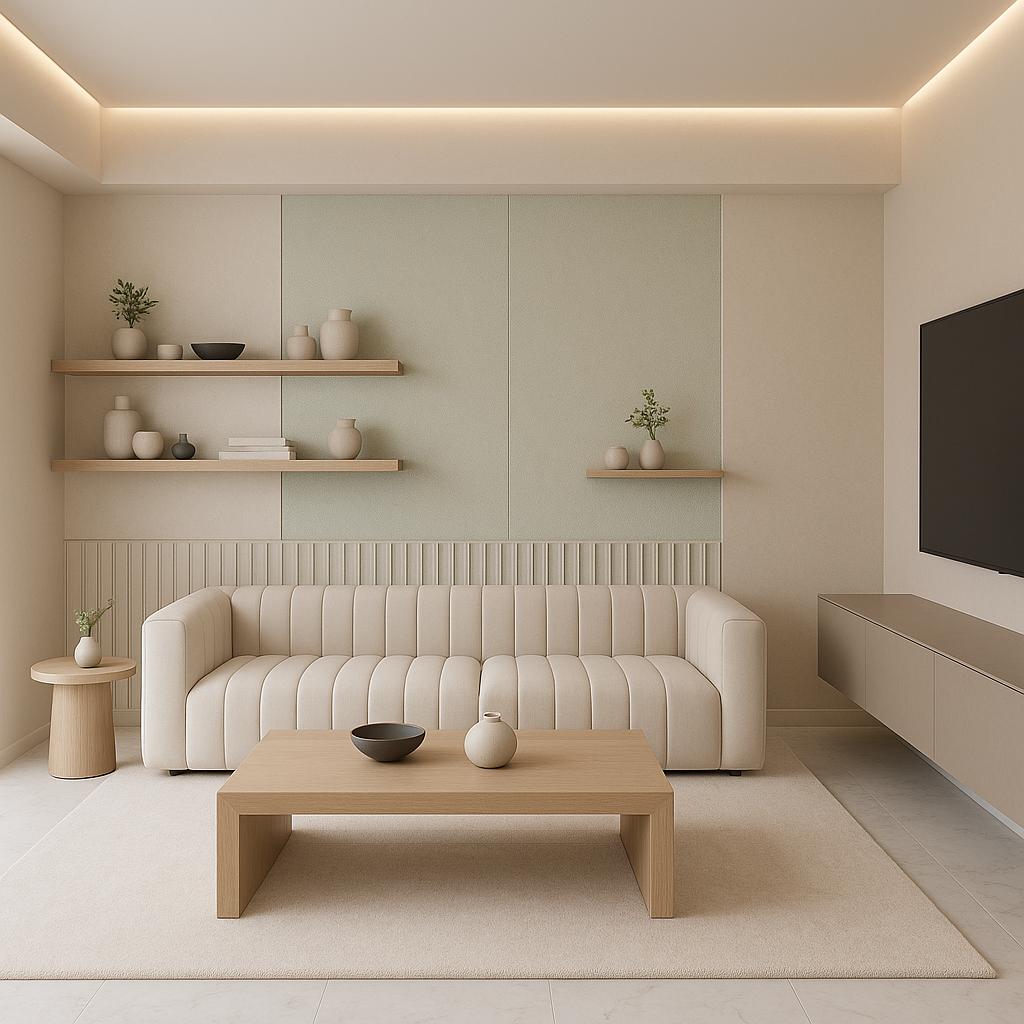 Modern Minimalist Living Room Design with neutral palette and light oak and a calm living room atmosphere.