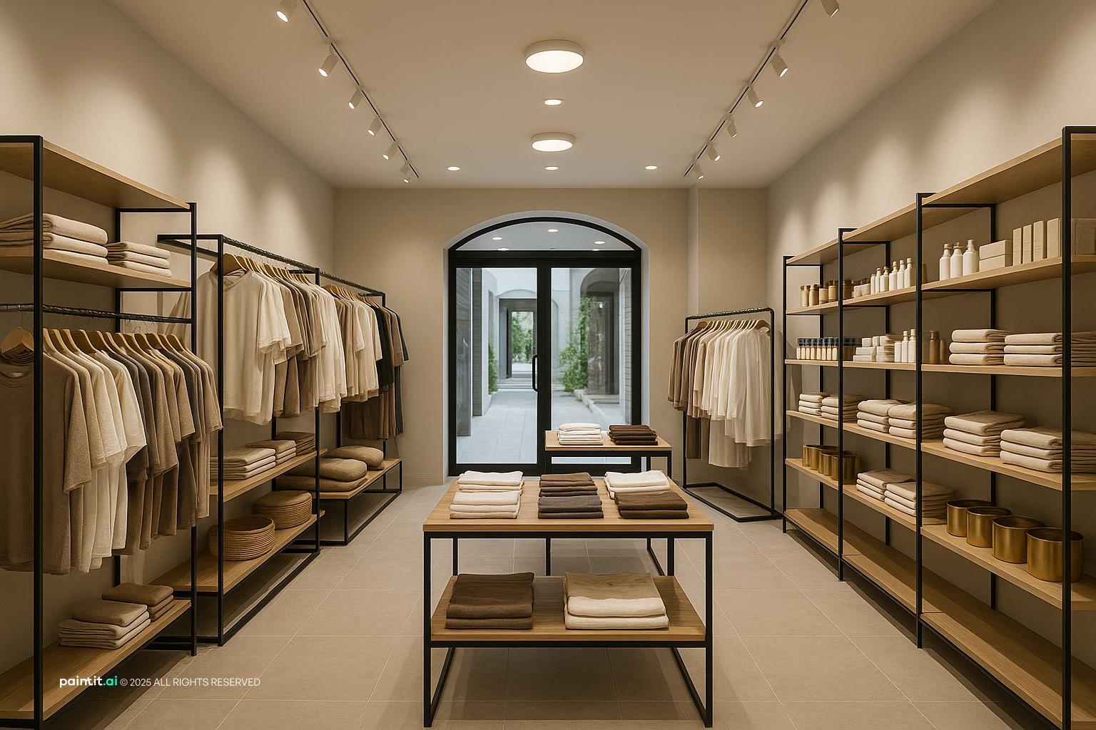 Compact shop interior with wall shelving and display racks