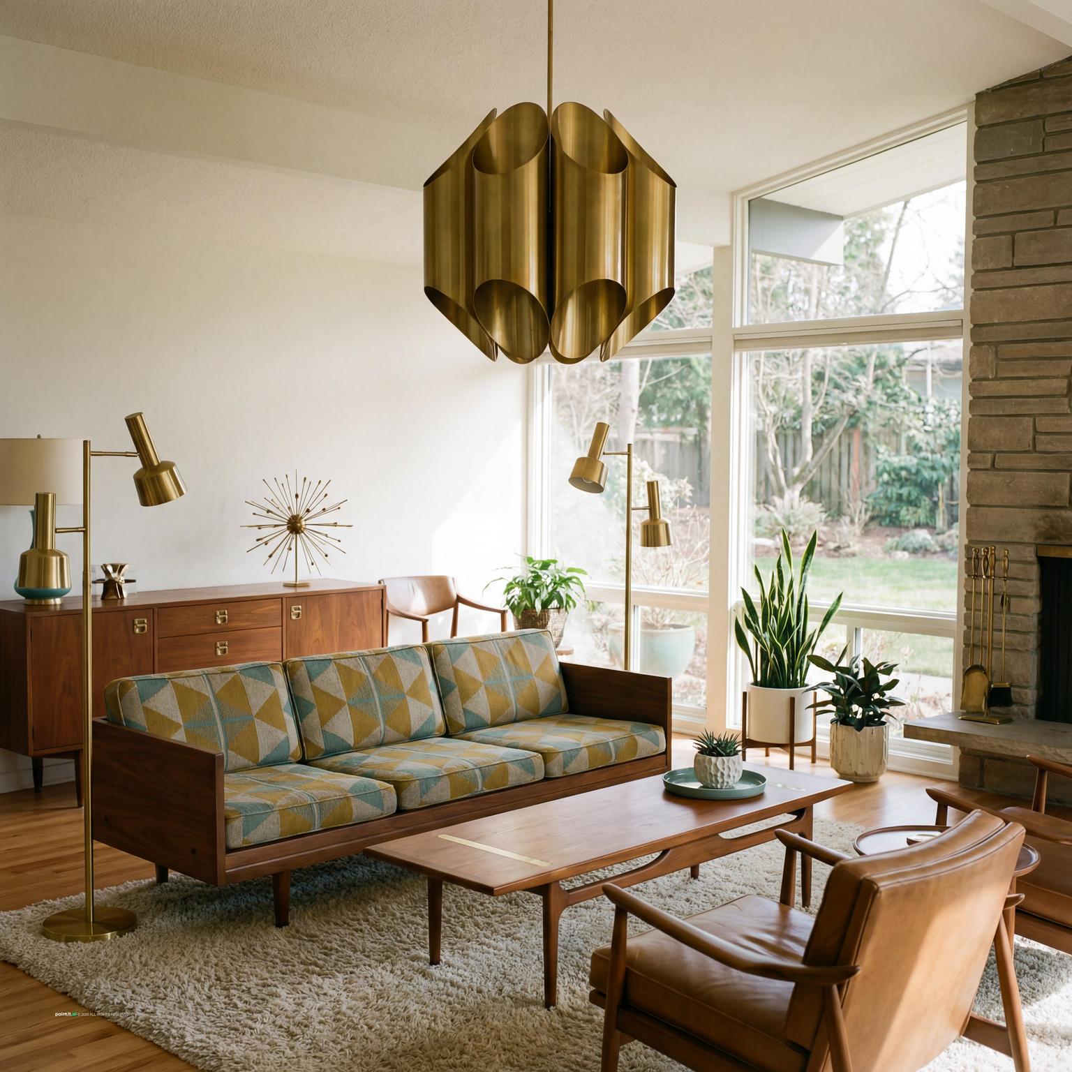 Stunning 70s lowered living room, midcentury modern design, iconic furniture, vibrant colors, retro charm, spacious layout.