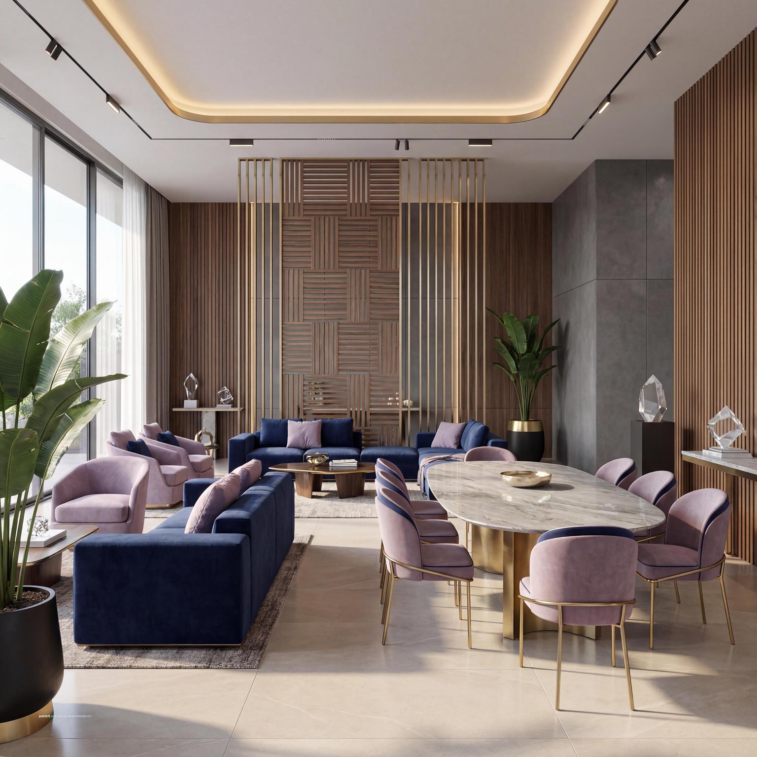 Luxury open-concept 1980s living and dining hall design, featuring expansive spaces, bold furniture, and a seamless flow for entertaining.