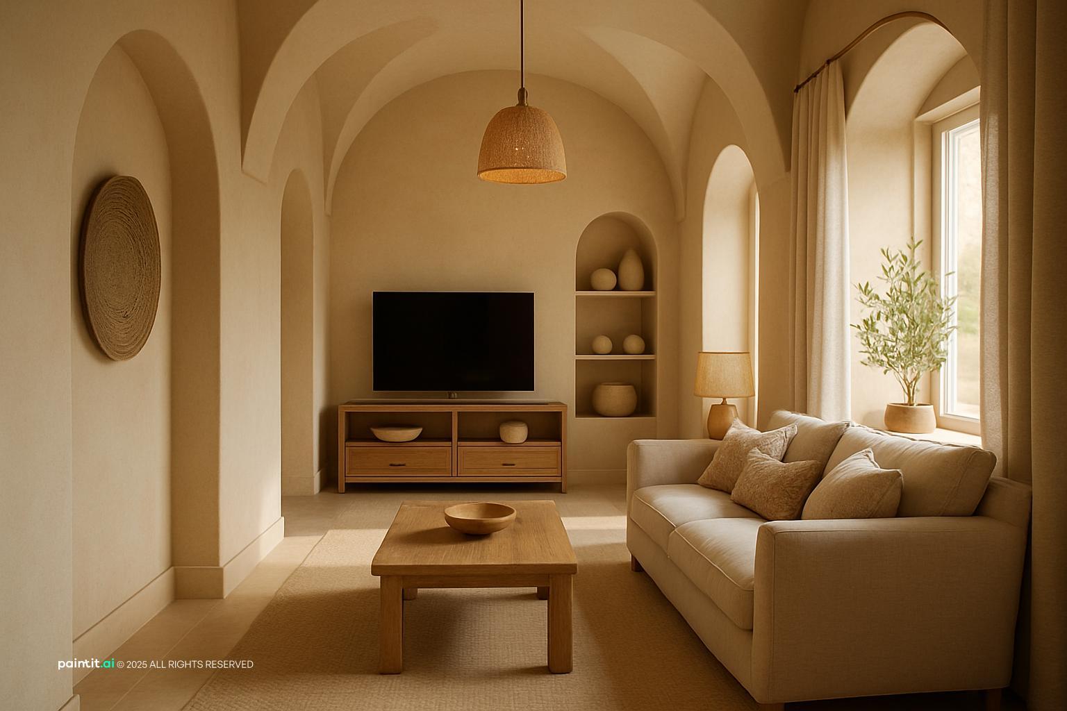 Neutral Mediterranean living room with plaster arches, an arched TV niche and a linen sofa
