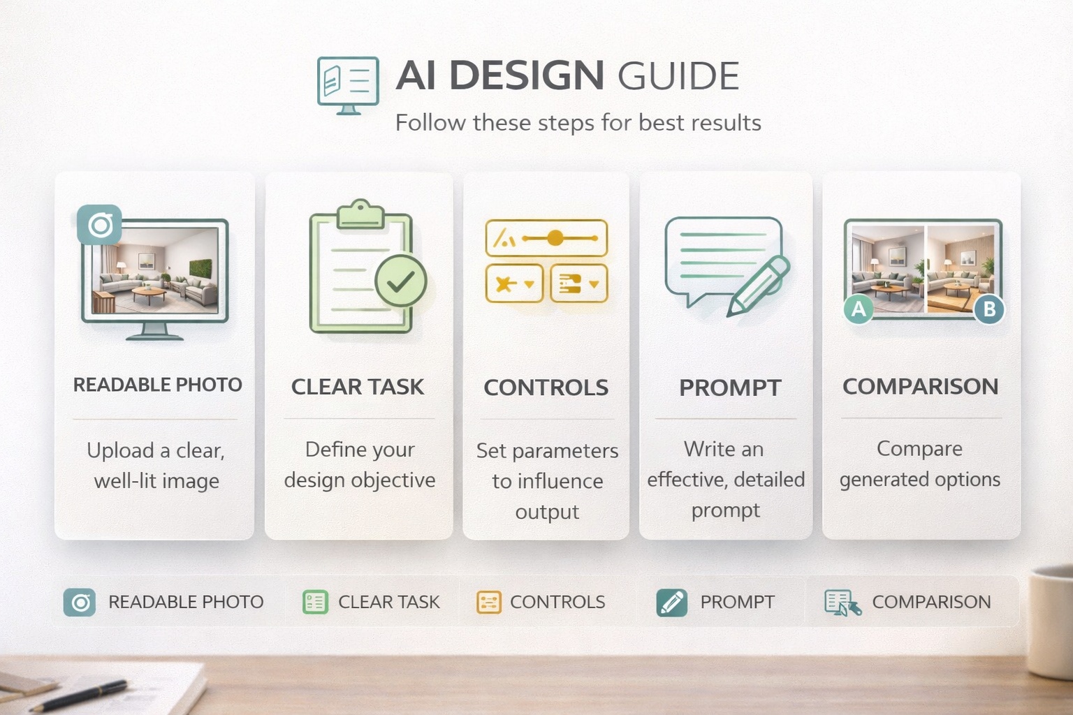 Five-step system for getting stronger results in Paintit.ai: photo, task, controls, prompt, compare