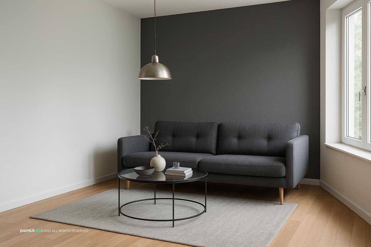 Modern Gray Living Room Design showing painted wall color, warm wood, metal accents for Living Room Wall Paint Ideas.