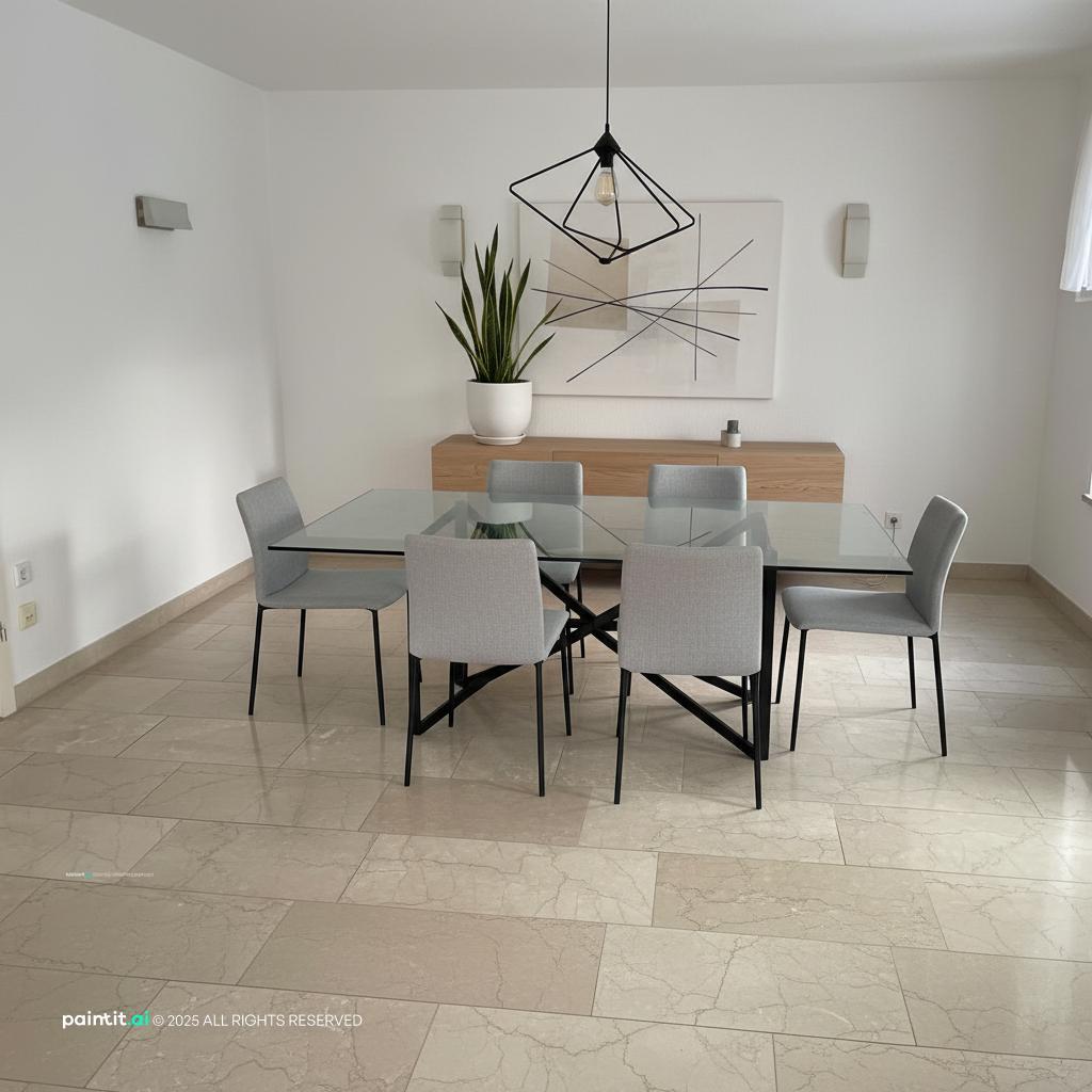 Minimalist dining room with a glass table, grey upholstered chairs, a geometric pendant and pale stone floor