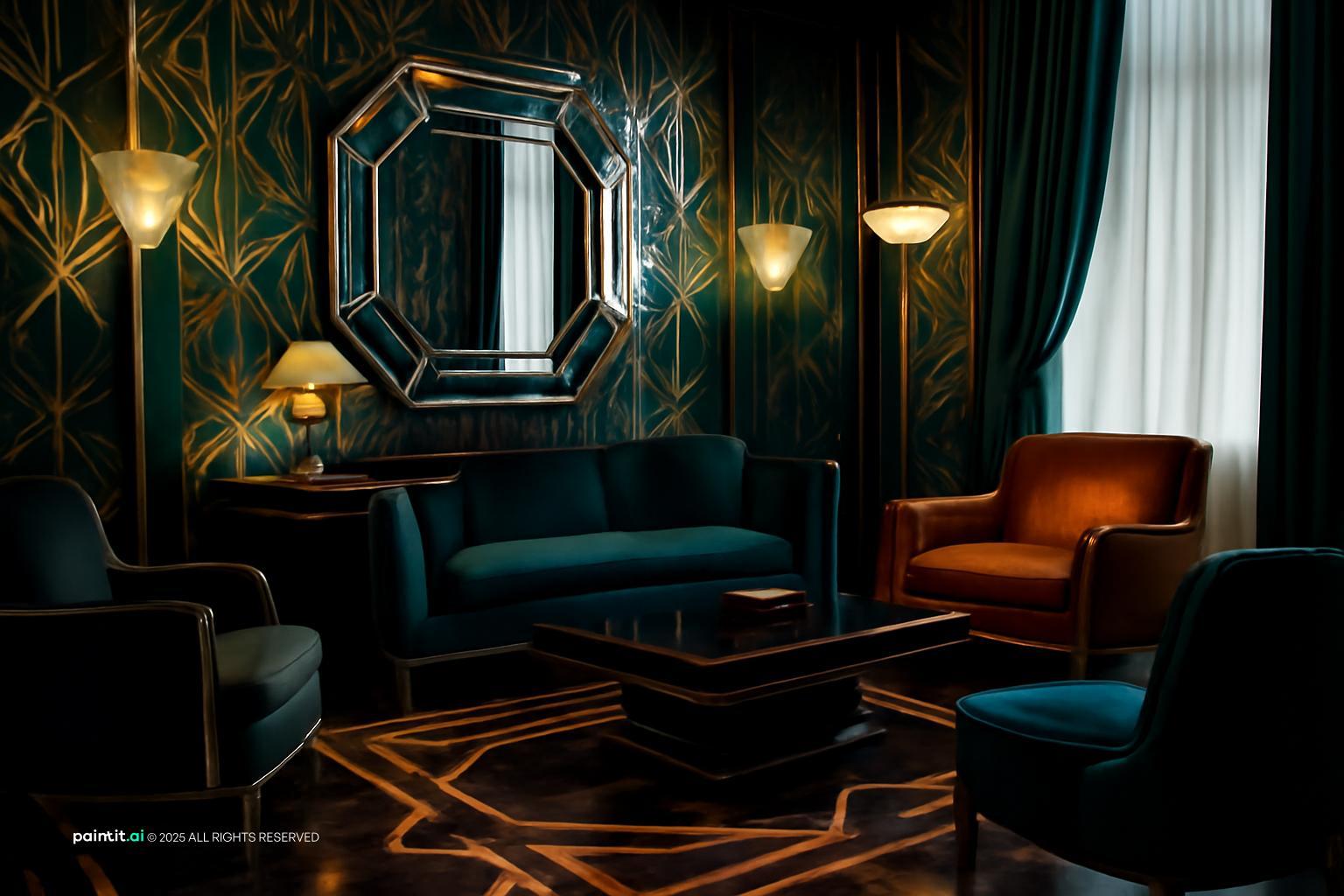 Art Deco room with black walls, gold trim, an octagonal mirror, a teal velvet sofa and a geometric rug